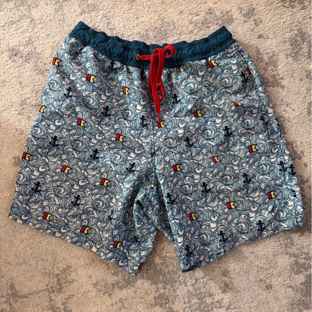 Nautica Teal Wave Swim Shorts with Red Accent